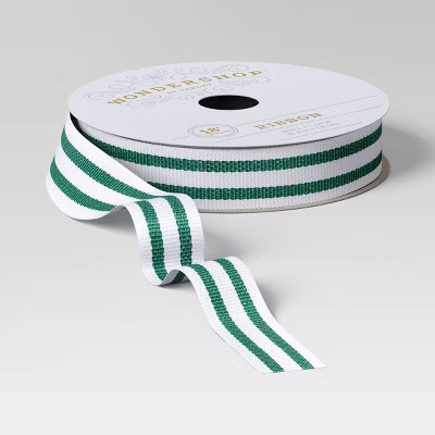 18' Christmas Fabric Ribbon Grosgrain White/Green Stripes - Wondershop™ | Target