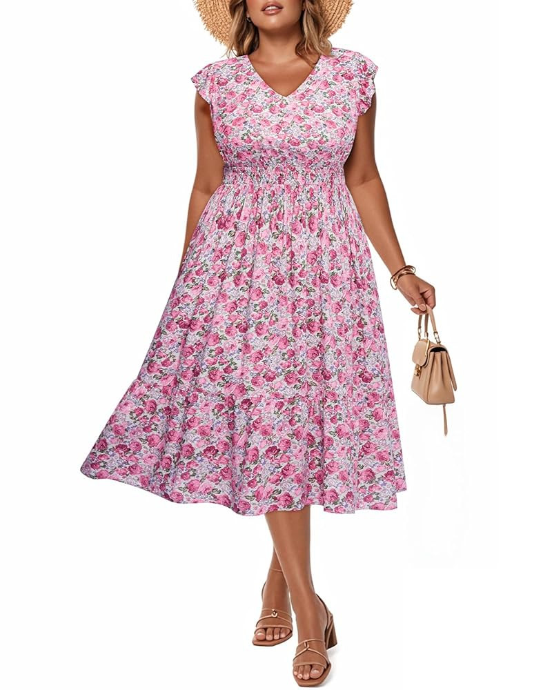 Plus Size Summer Dresses - Boho Casual V Neck Ruffle Sleeve Midi Sundress with Pockets | Amazon (US)