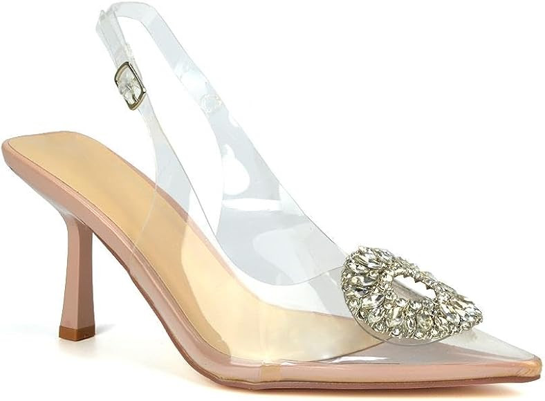 Women's Clear Perspex Slingback Jewel Heels Ladies Nude Pointed Toe Court Shoes Size 3-8 | Amazon (UK)