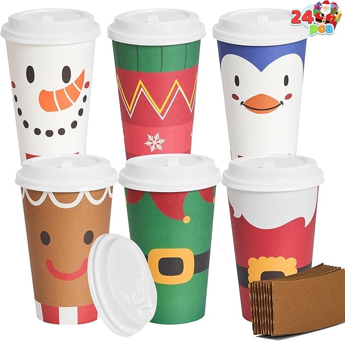 JOYIN 24 PCS Merry Christmas Disposable Paper Cups with Sleeves and Lids, 6 Designs Xmas Drinkwar... | Amazon (US)