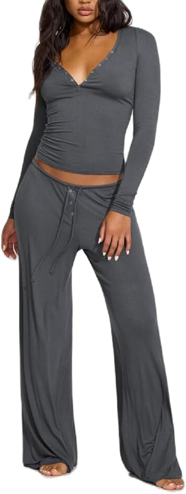 ROAONOCOMO Women Y2K Floral 2 Piece Lounge Set Long Sleeve Fitted Tee Shirt Top Wide Leg Long Pan... | Amazon (US)