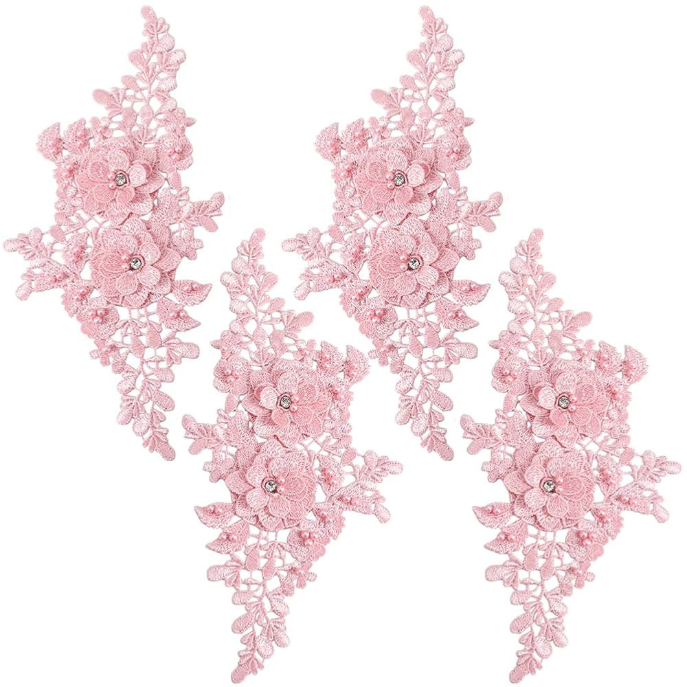 4Pcs Pink Floral Embroidery Applique Beaded Flower Rhinestone Appliques 3D Polyester Lace Pearl C... | Amazon (US)