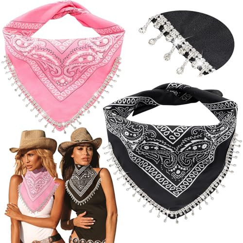Vabean 2 Pcs Disco Rhinestone Fringed Bandana Paisley Bandanas Cowgirl Bachelorette Rhinestones Tassel Kerchief(Pink and Black) | Amazon (US)