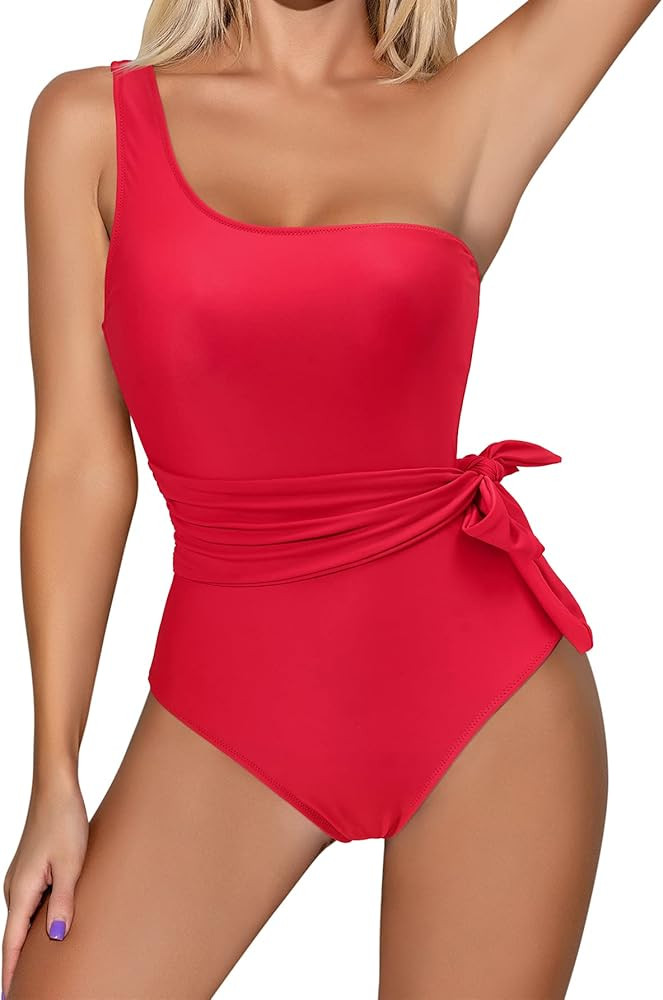 RXRXCOCO Women One Shoulder Bathing Suit Side Bandage Bowknot Tummy Control One Piece Swimsuit Swimw | Amazon (US)