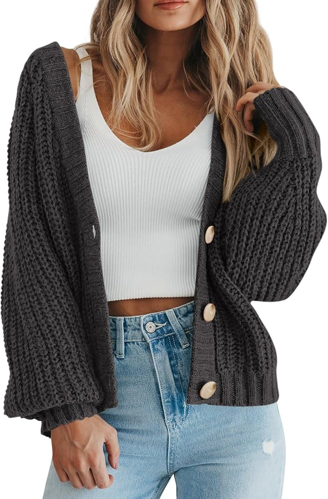 PRETTYGARDEN Women's Chunky Knit Open Front Sweater Long Sleeve Button Loose Short Cardigan Outer... | Amazon (US)