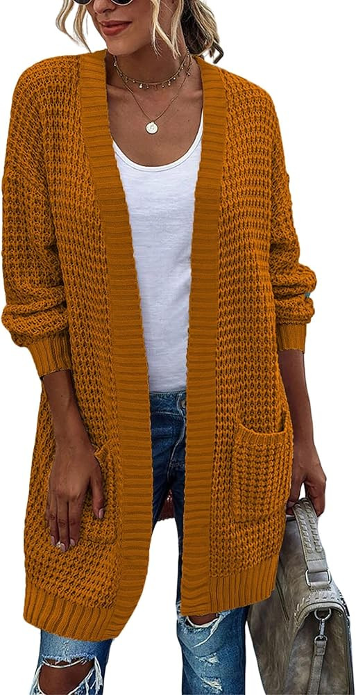Zeagoo Women's 2023 Fall Open Front Cardigan Long Batwing Sleeve Chunky Knit Sweater Loose Outerwear | Amazon (US)