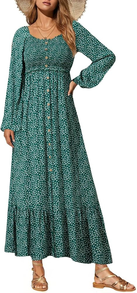 Dokotoo Fall Dresses for Women 2025 Boho Floral Smocked Empire Waist Square Neck Long Sleeve Butt... | Amazon (US)