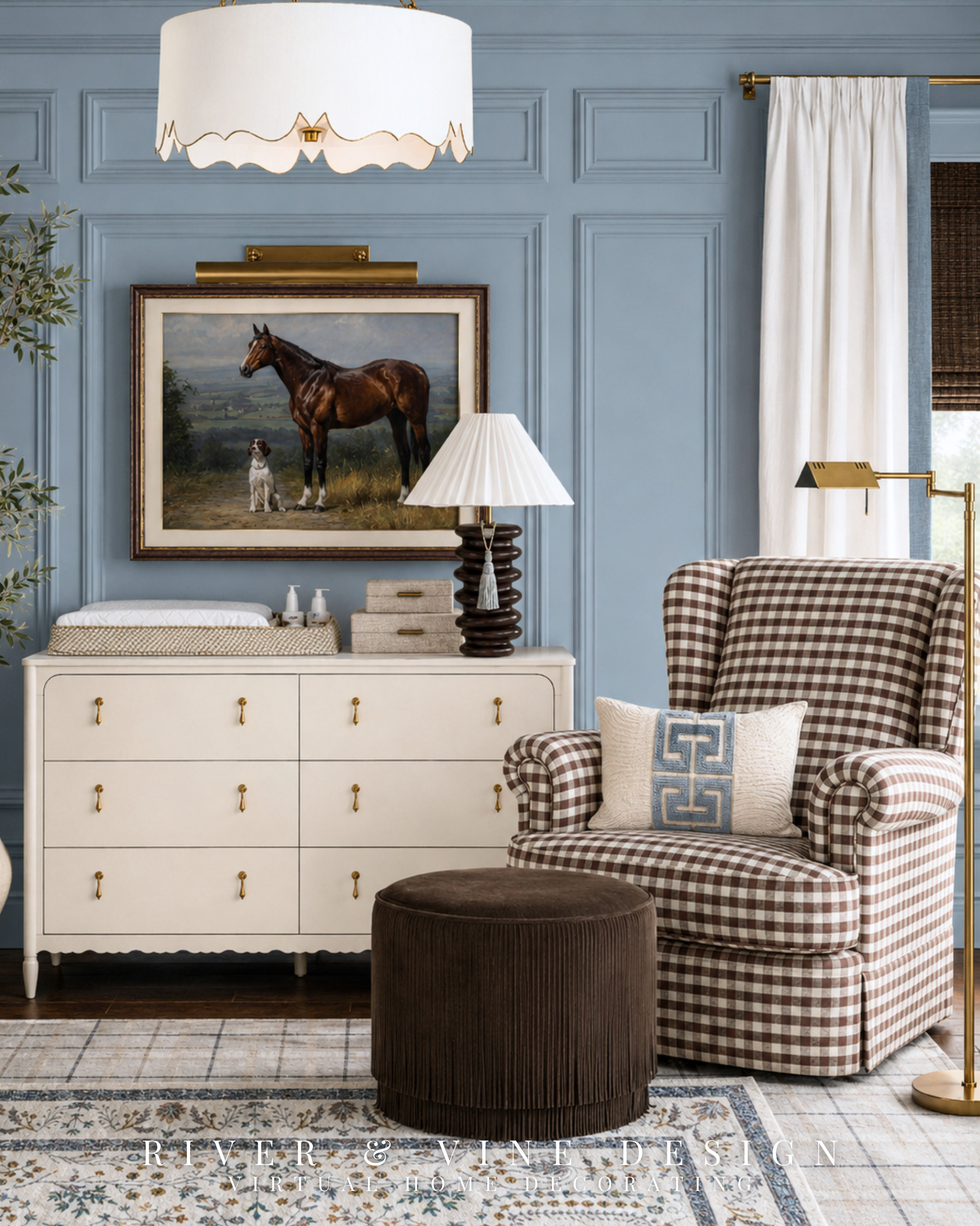 Nobody warns you that the nursery has to be comfortable for the grown-ups, too.

A functional nursery corner works best when the chair, footrest, lighting, and changing storage are treated as one small zone—not four unrelated purchases.

The brown gingham chair brings in pattern, but its color repeats the dark wood and woven shades, so the room still feels calm. The light dresser keeps the larger pieces from feeling visually heavy, while the lamp, reading light, and ottoman make this corner feel useful and finished. Try this formula: keep the storage quiet, let the chair be the pattern moment, and repeat its color twice around the room.

functional nursery design, gingham nursery chair, nursery reading corner, nursery dresser decor, classic blue nursery, changing table dresser, modern traditional baby room, nursery lighting ideas

I may receive a commission from purchases made through my links.
 

 #LTKHome #LTKBaby #LTKKids