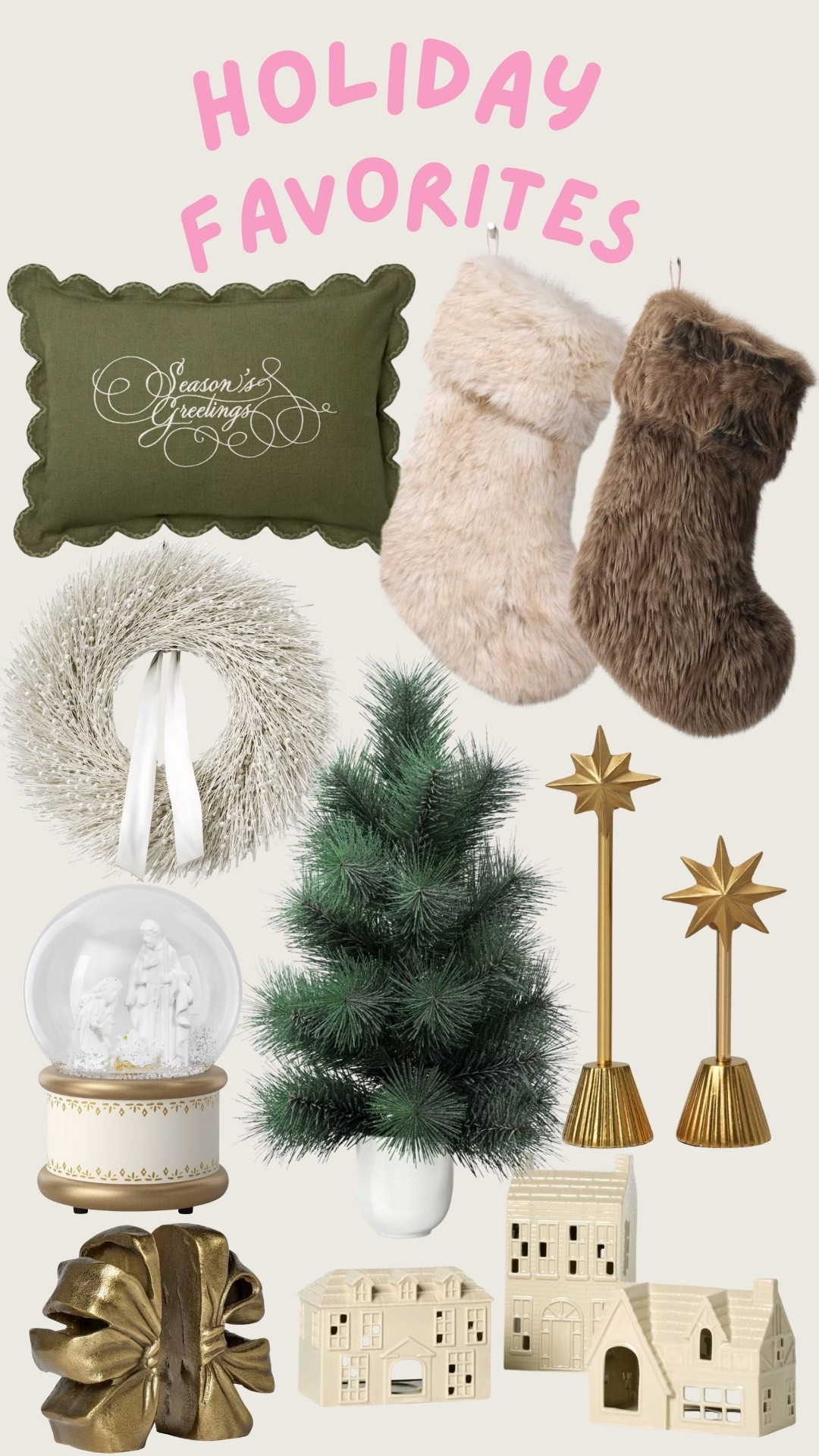 Holiday. Christmas. Stockings. Faux fur. Throw pillow. Stars. Gold. Wreath. Faux tree. Snow globe. Bookends. Village  

#LTKSeasonal #LTKHome #LTKHoliday