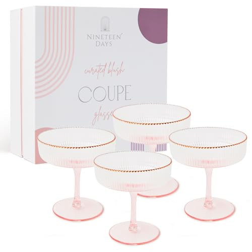 Nineteen Days Pink Coupe Glasses Set of 4 Glasses with Rose Gold Rim (8 Oz) Art Deco Coupe Glasses, Ribbed Martini Cocktail Glasses Gift Box, Vintage Champagne Glasses, Espresso Martini Glasses | Amazon (US)