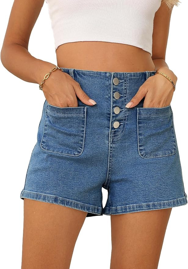 Sidefeel Women's Jean Shorts Button Fly Stretchy High Waisted Zimbaplatinum Jeans Summer Outfit 2... | Amazon (US)