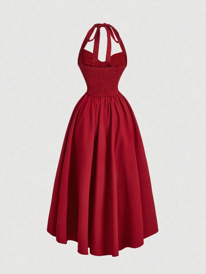 SHEIN MOD Plus Size Women's Halter Neck Ruched Bow Swing Dress, Red Color Party Women Outfits,Mas... | SHEIN