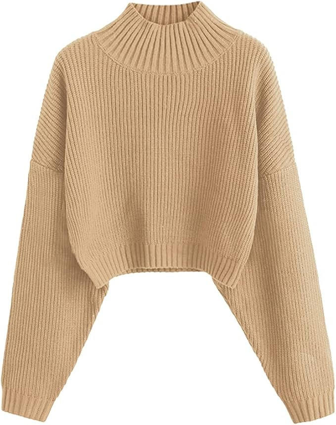 ZAFUL Women's High Neck Lantern Sleeve Ribbed Knit Pullover Crop Sweater Jumper | Amazon (US)