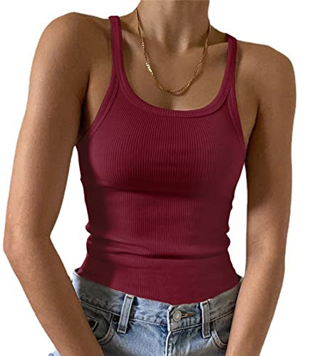 Artfish Women's Sleeveless Full Tank Top Form Fitting Scoop Neck Ribbed Knit Basic Tight Fitted Cami Burgundy Red, S | Amazon (US)