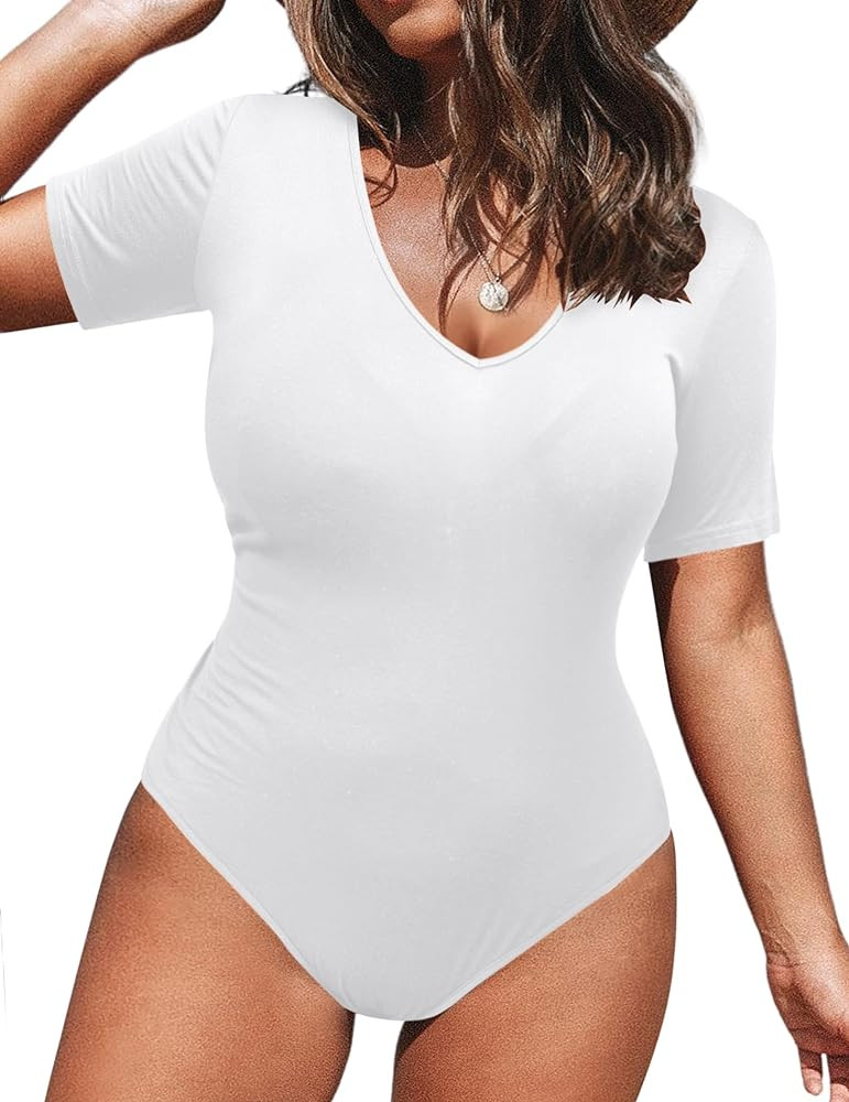 IN'VOLAND Women's Bodysuit Plus Size Short Sleeve Scoop Neck Bodysuit Basic Top T Shirt Leotards ... | Amazon (US)