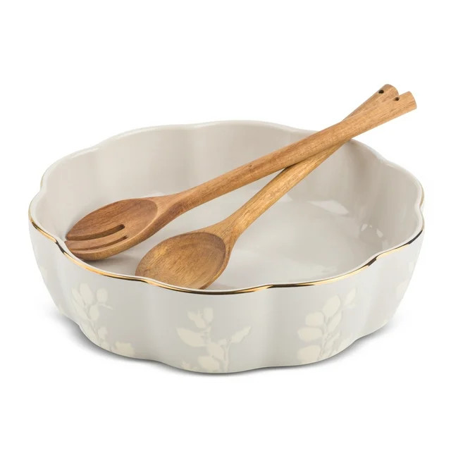 Thyme & Table 3-Piece Stoneware & Acacia Wood Serving Bowl Set, Harvest | Walmart (US)