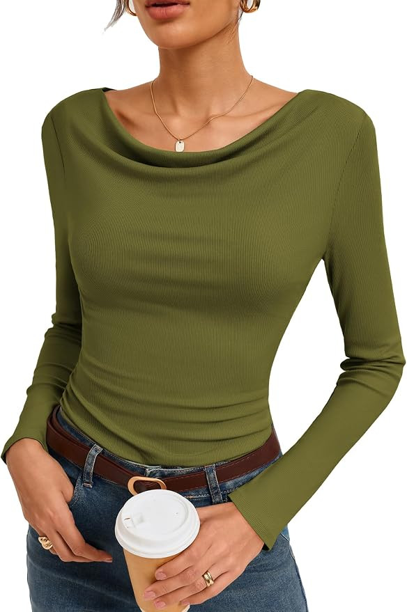 Kate Kasin Long Sleeve Shirts for Women, Cowl Neck Going Out Tops | Y2k, Lightweight, Slim Fit, R... | Amazon (US)