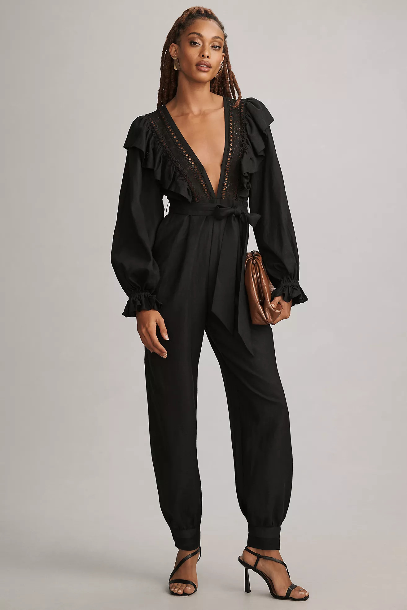 Farm Rio Black Laces & Ruffles Jumpsuit | Anthropologie (US)