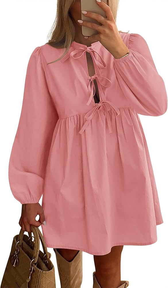 BTFBM Women's Casual Short Dress 2025 Bow Tie Front Puff Long Sleeve Button A Line Cute Y2K Going... | Amazon (US)