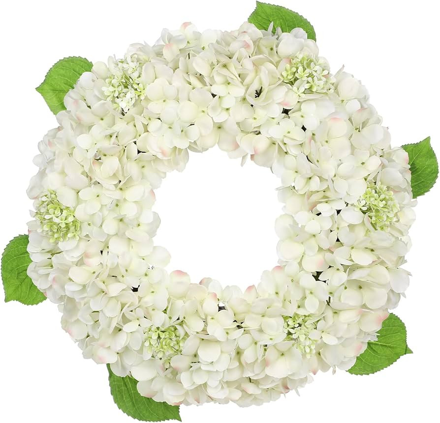 20 inch Spring Summer Wreath for Front Door, Artificial White Hydrangea Flower Door Wreath Hydran... | Amazon (US)