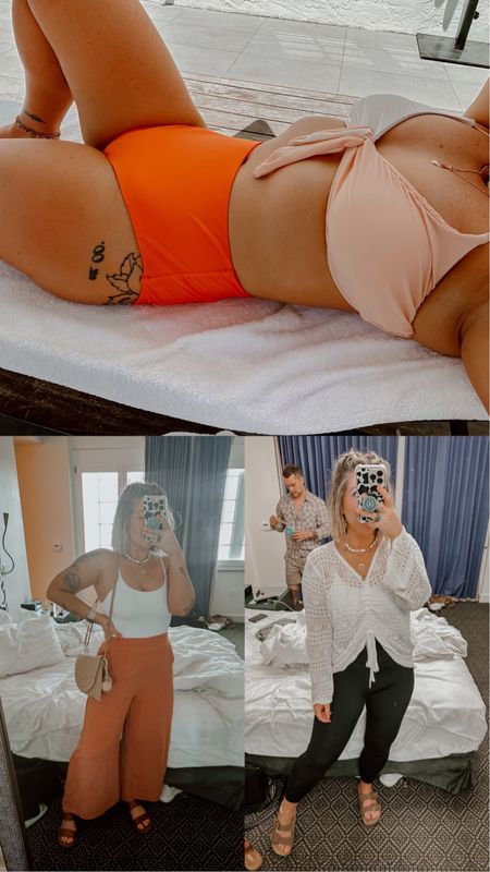 Outfits for one day in Miami! Colorblock orange + pink two piece bathing suit (size up). Two piece beach summer set wearing just pants part (med) and crop tank (med) with sandals. Night on the beach wearing leggings (small) and crochet beach cover top with sandals (small) 

#LTKSeasonal #LTKswim #LTKFind