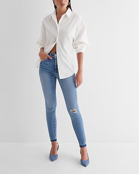 High Waisted Medium Wash Ripped Raw Drop Hem Skinny Jeans | Express