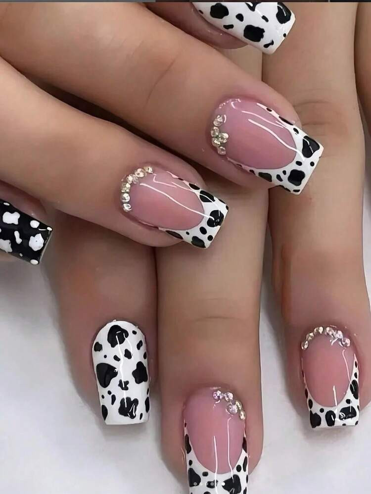 24Pcs European & American Minimalist Cow Print, Leopard Print, Rhinestone Short Square Nail Art Set, Suitable For Vacation, Party, Valentine'S Day + Jelly Gel + Nail File Press On Nails Nail Supplies Nails | SHEIN