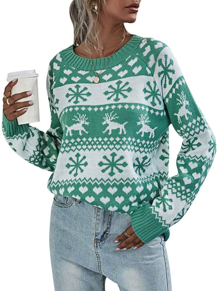 Women's Christmas Sweaters Reindeer Snowflake Long Sleeve Round Neck Ribbed Knitted Tops | SHEIN