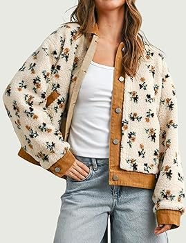 Women's Floral Sherpa Jacket Open Front Denim Collar Fleece Jackets Oversized Outerwear with Pock... | Amazon (US)