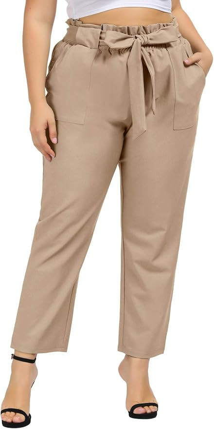 Hanna Nikole Women's Plus Size Cropped Paper Bag Waist Self-tie Belted Pants with Pockets | Amazon (US)
