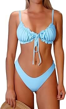 ZAFUL Women's Triangle Bikini Floral Ruffles Bow Tie Up Bikini Set Two Piece Swimsuit | Amazon (US)