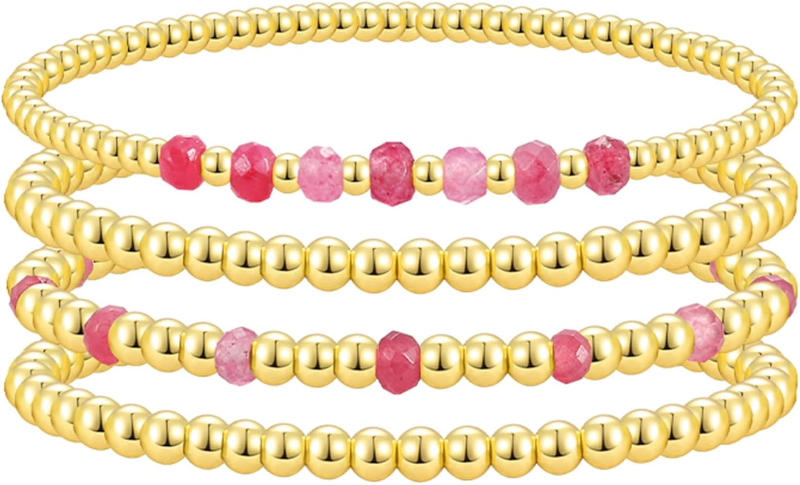 Gold Beaded Bracelets for Woman Stackable Crystal Stone Bead Bracelet 14K Gold Plated Stretch Bea... | Amazon (US)