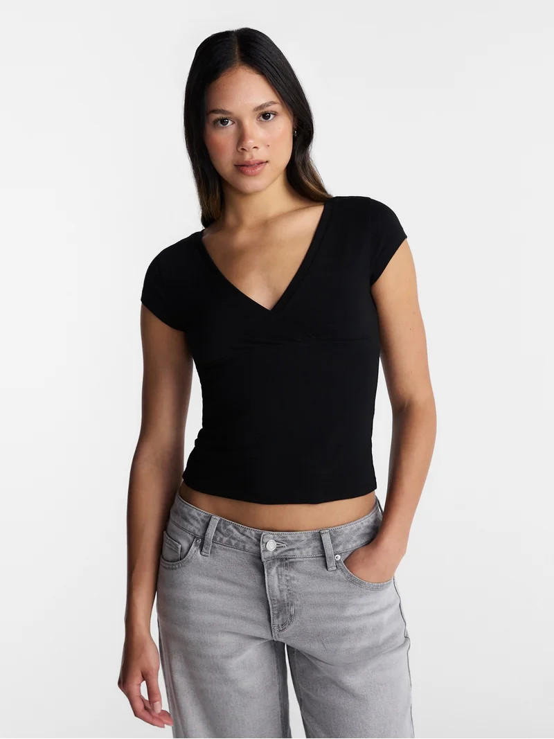 No Boundaries Surplice Top with Cap Sleeves, Women\u2019s XXS-XXL | Walmart (US)