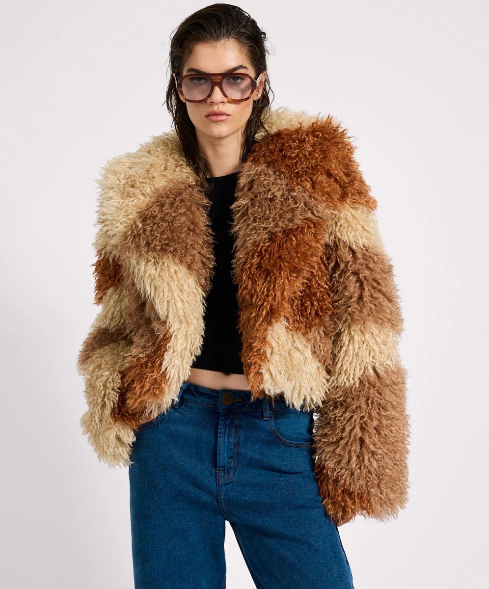 One Teaspoon Mongolian Cropped Faux Fur Jacket - Tan | OneTeaspoon