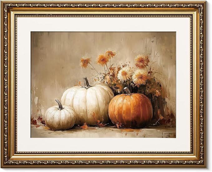 ARPEOTCY Gold Framed Canvas Wall Art, Autumn Pumpkin Art Prints, Fall Harvest Decor for Living Di... | Amazon (US)