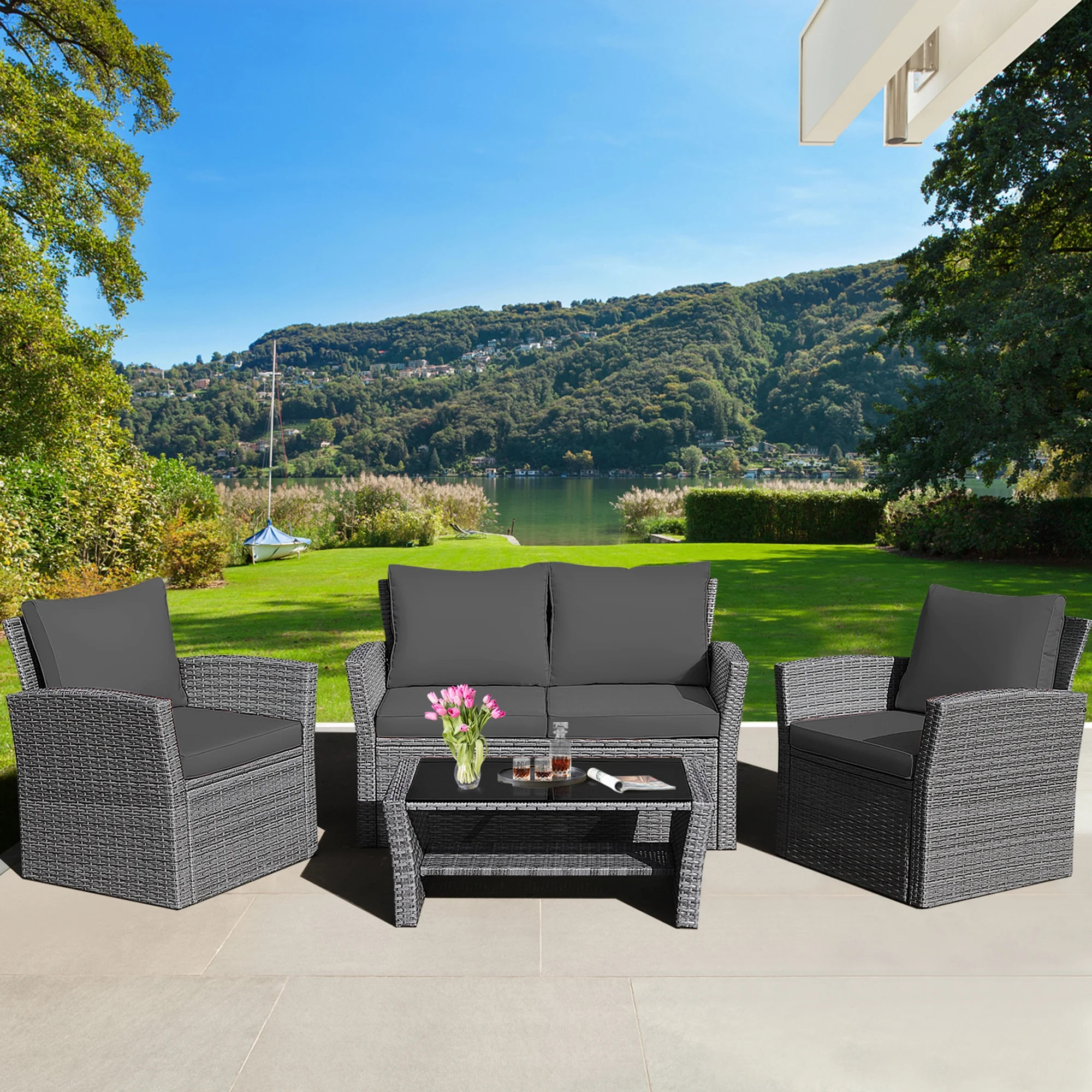 Gymax 4PCS Patio Rattan Conversation Set Outdoor Furniture Set w/ Grey Cushions | Walmart (US)