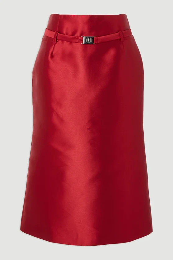 Satin Twill Belted Tailored Midi Skirt | Karen Millen UK + IE + DE + NL