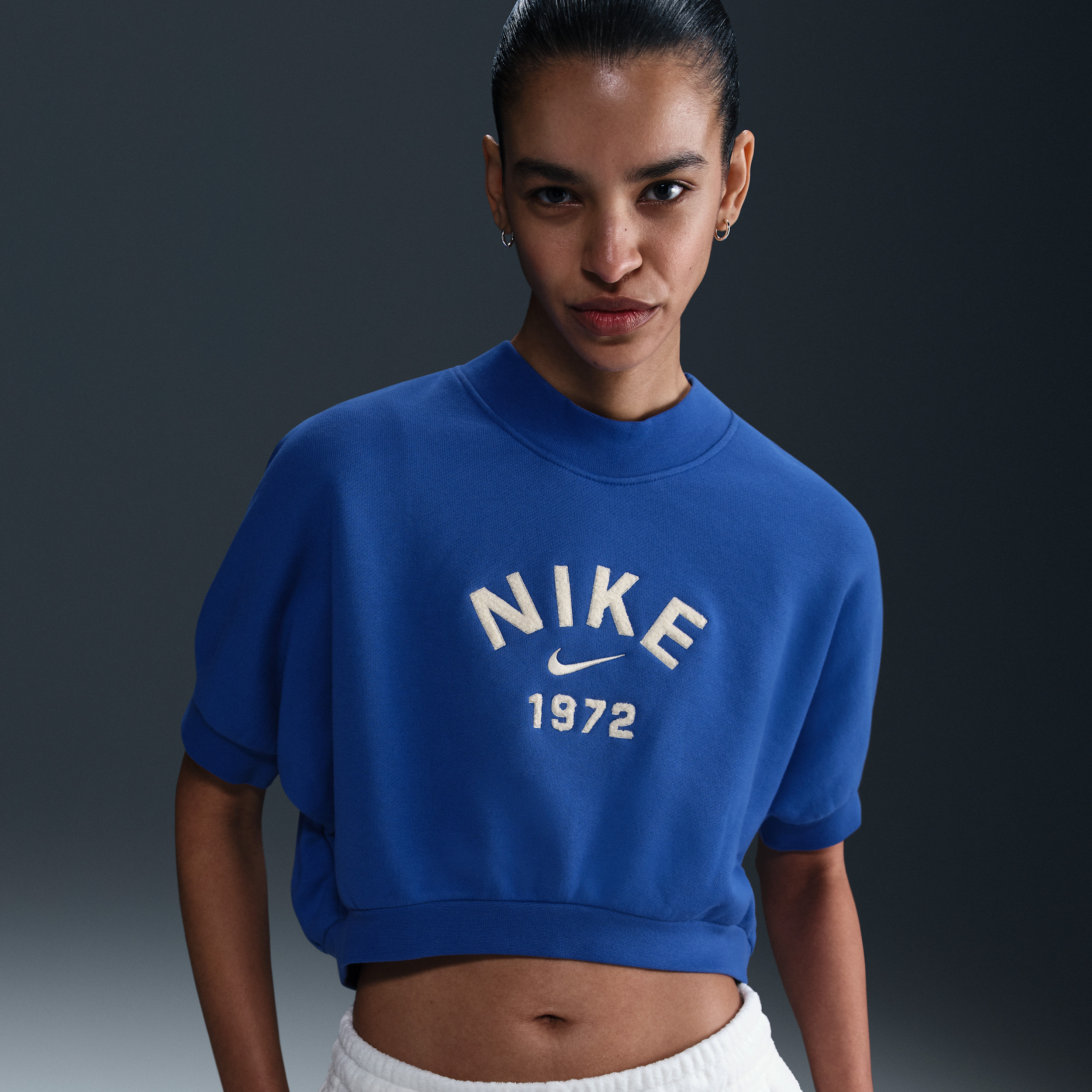 Women's Nike Sportswear Collection Crew-Neck Short-Sleeve Cropped French Terry Top in Blue | HJ0224-480 | Nike (US)