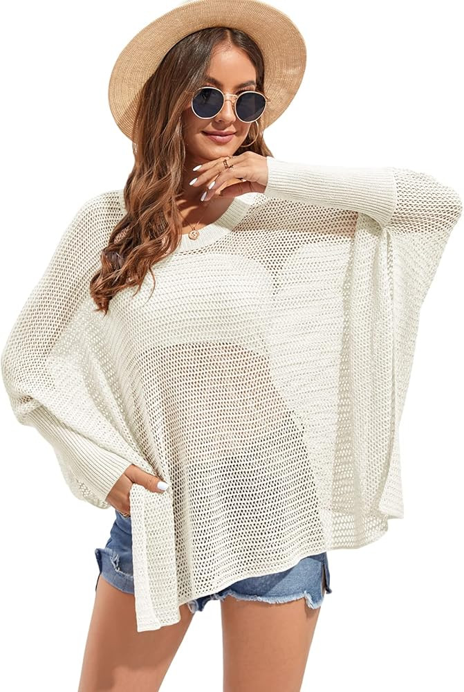 Farktop Womens Hollow Out Sexy Pullover Sweaters Swim Cover Up Knit Summer Outfits Crochet Top | Amazon (US)