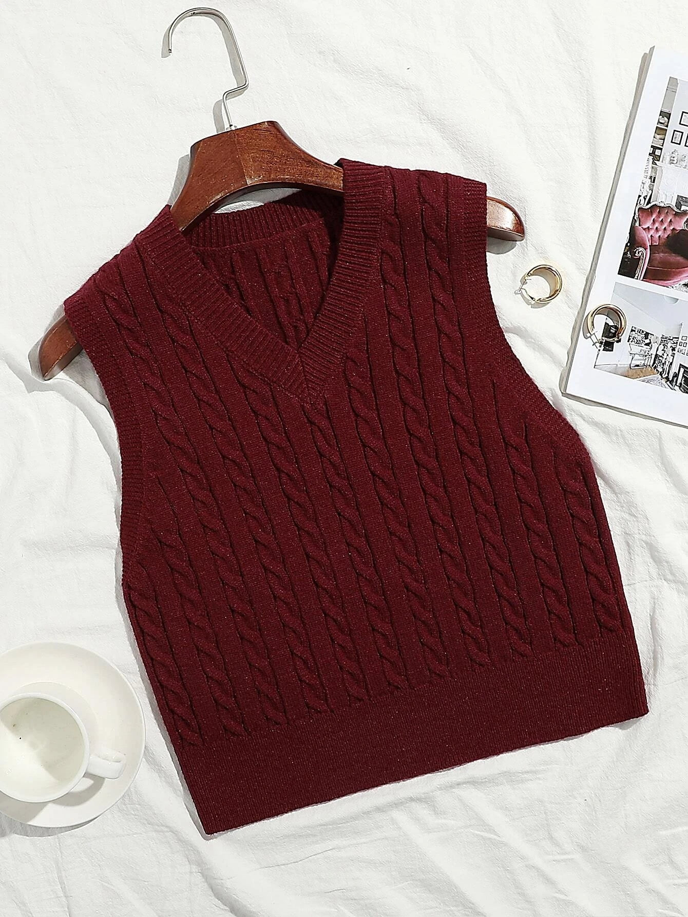 Hotian Women Cable Knit Sweater Vest V Neck Pullover Burgundy S | Walmart (US)