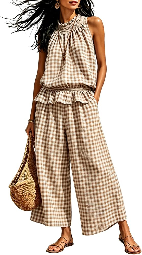 Tanming Women's 2 Piece Set Outfits Gingham Plaid Sleeveless Ruffle Top Wide Leg Pants Summer Cas... | Amazon (US)