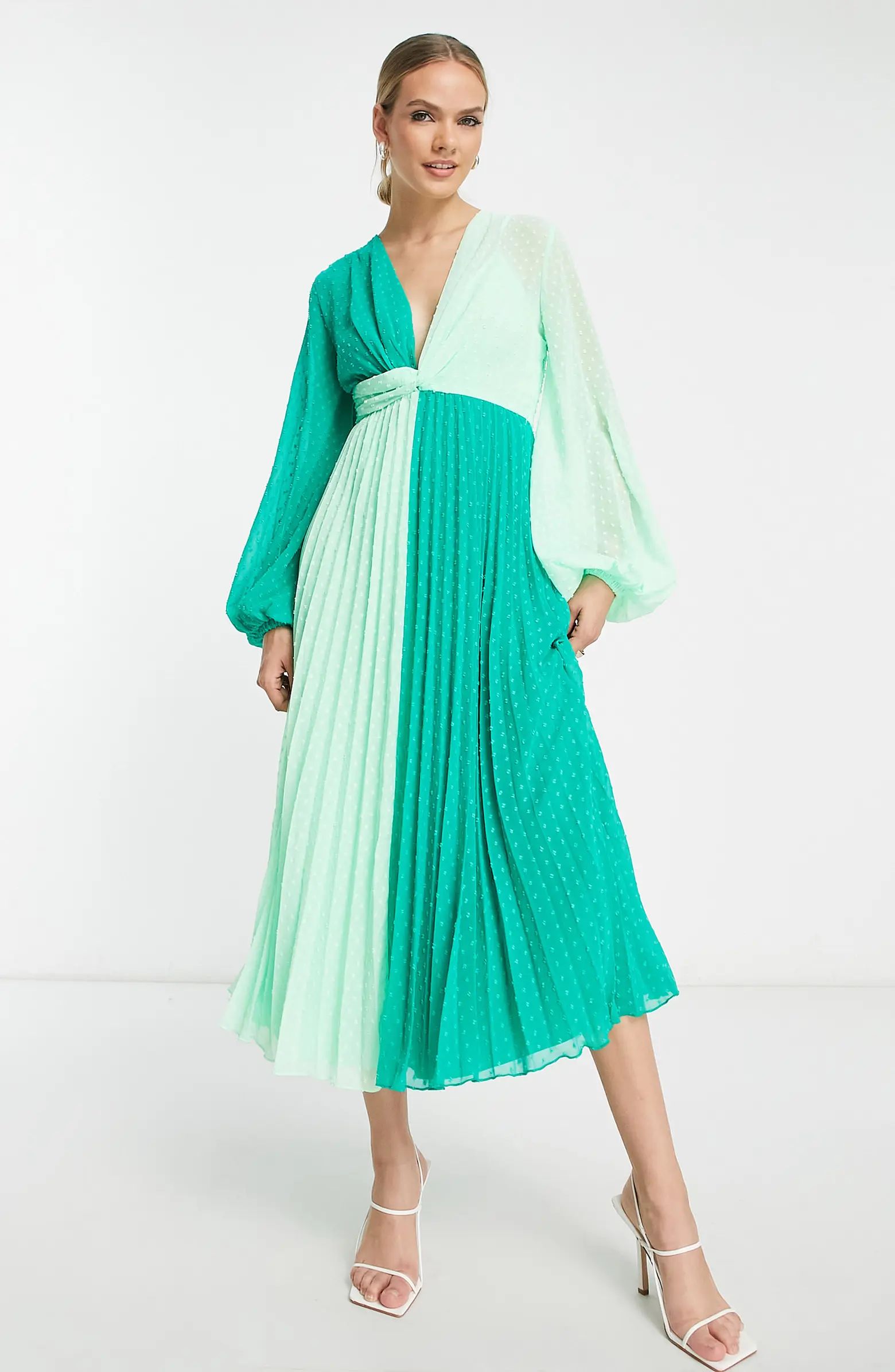 ASOS DESIGN Colorblock Long Sleeve Dobby Midi Dress | Nordstrom | Nordstrom