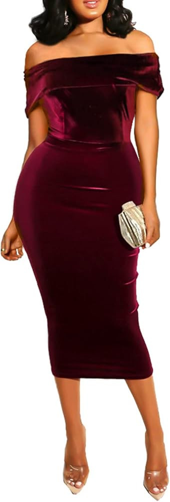 Women Sexy Velvet Midi Dress - One Off Shoulder Short Sleeve Velour Bodycon Pencil Dresses Cockta... | Amazon (US)