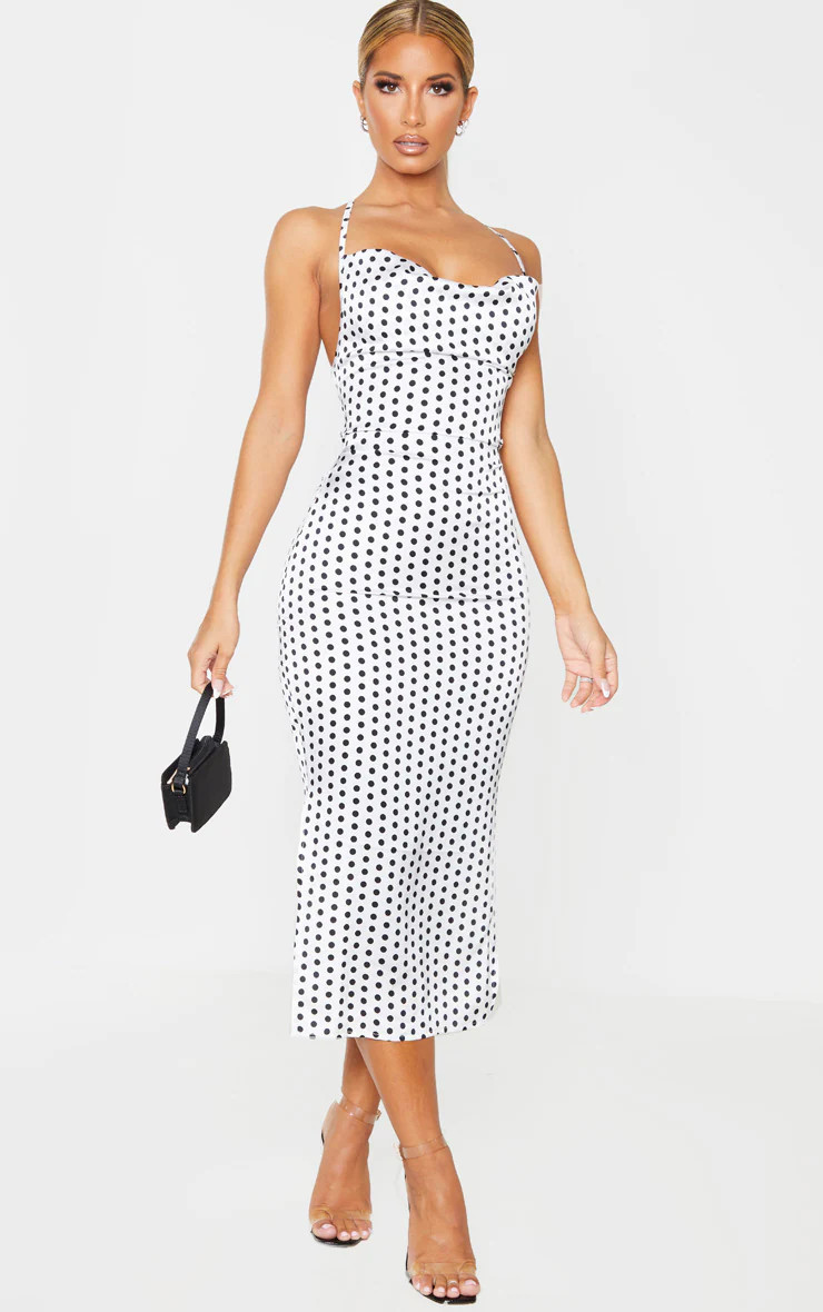 White Polka Dot Satin Strappy Back Midi Dress | PrettyLittleThing US