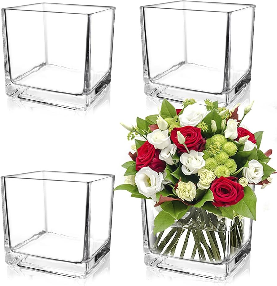 Set of 4 Square Glass Vases 5" x5" x 5", Clear Cube Flower Vases for Wedding Centerpieces, Candle... | Amazon (US)