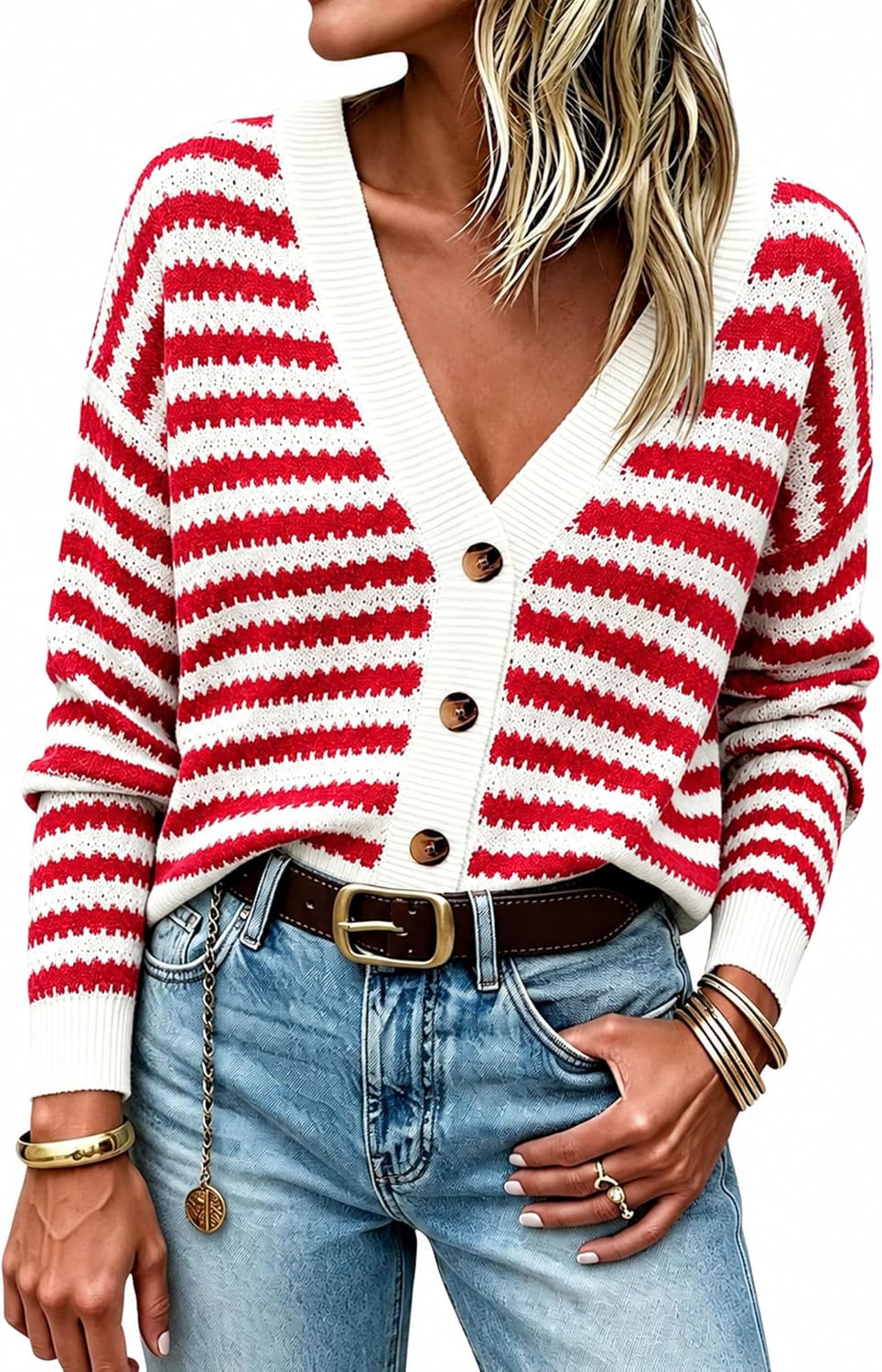 Springrain Women's Striped Crochet Long Sleeve Knit Cardigan | Amazon (US)