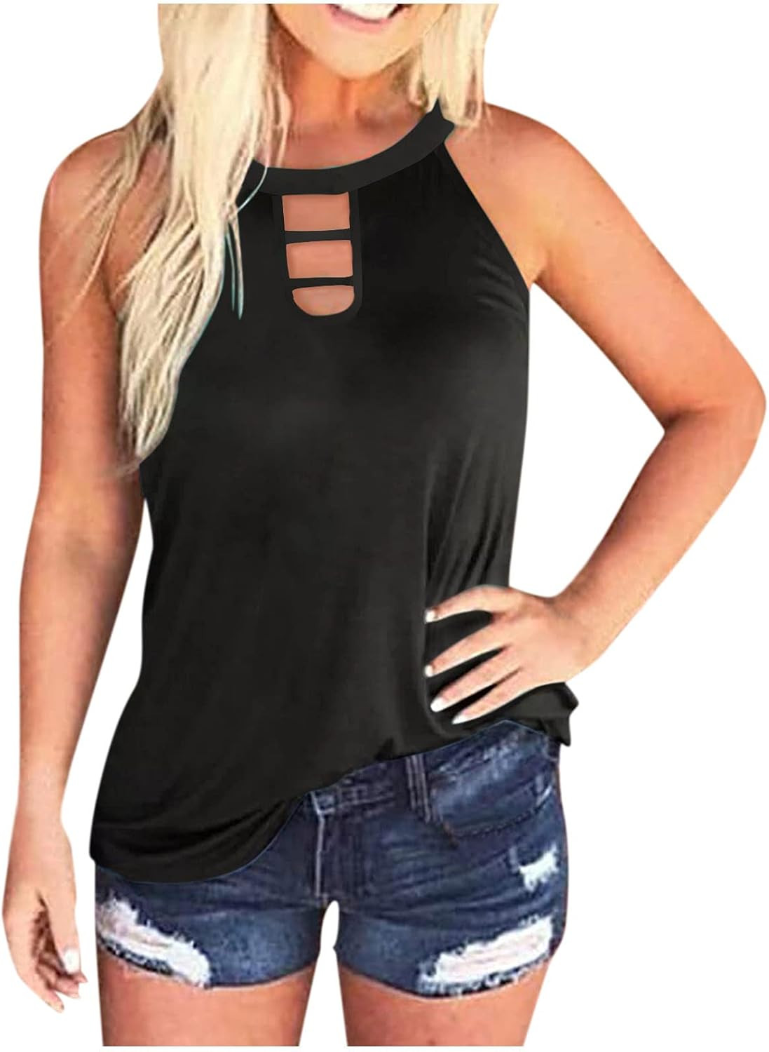 LADIGASU Womens Gradient/Striped/Tie-Dye Sleeveless Tank Top Casual Cut Out Halter Women Tops Summer | Amazon (US)