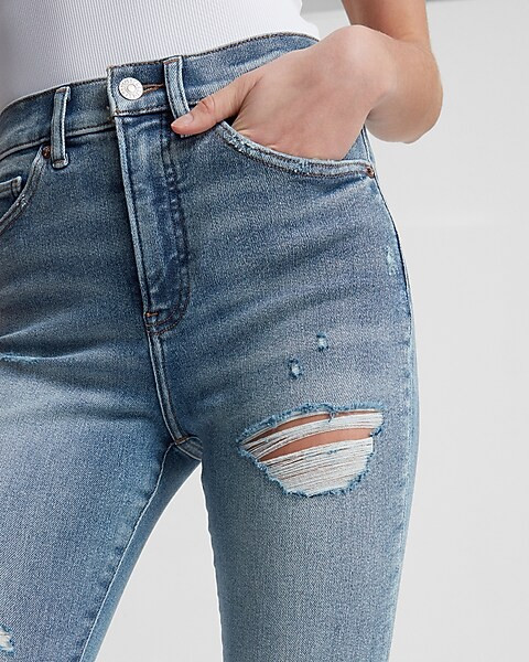 High Waisted Light Wash Ripped Cropped Flare Jeans | Express