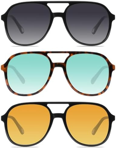 YDAOWKN Retro Square Aviator Sunglasses for Womens Mens Vintage 70s Double Bridge Sun Glasses | Amazon (US)