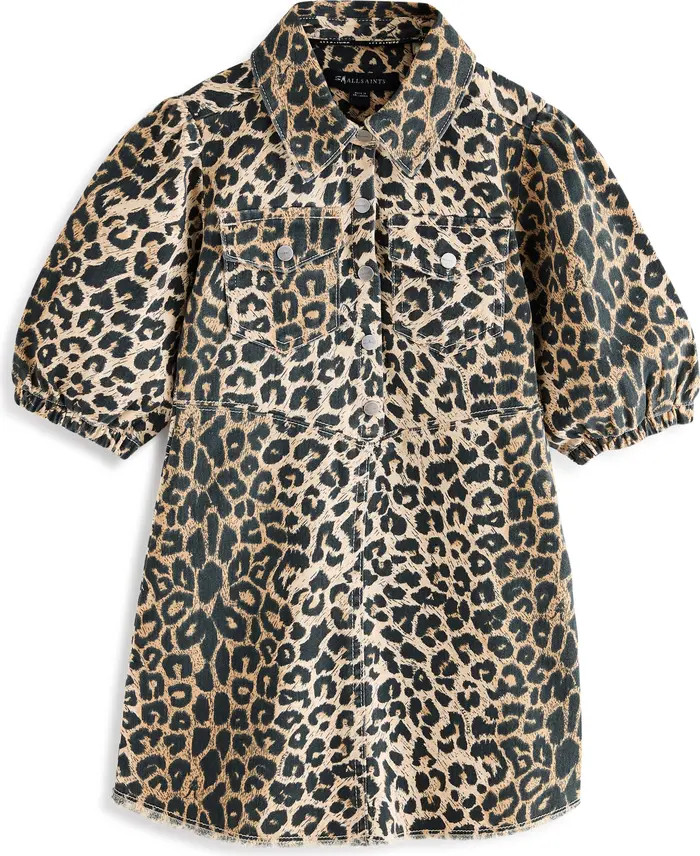 smALLSAINTS by ALLSAINTS Kids' Leopard Print Puff Sleeve Denim Dress | Nordstrom | Nordstrom
